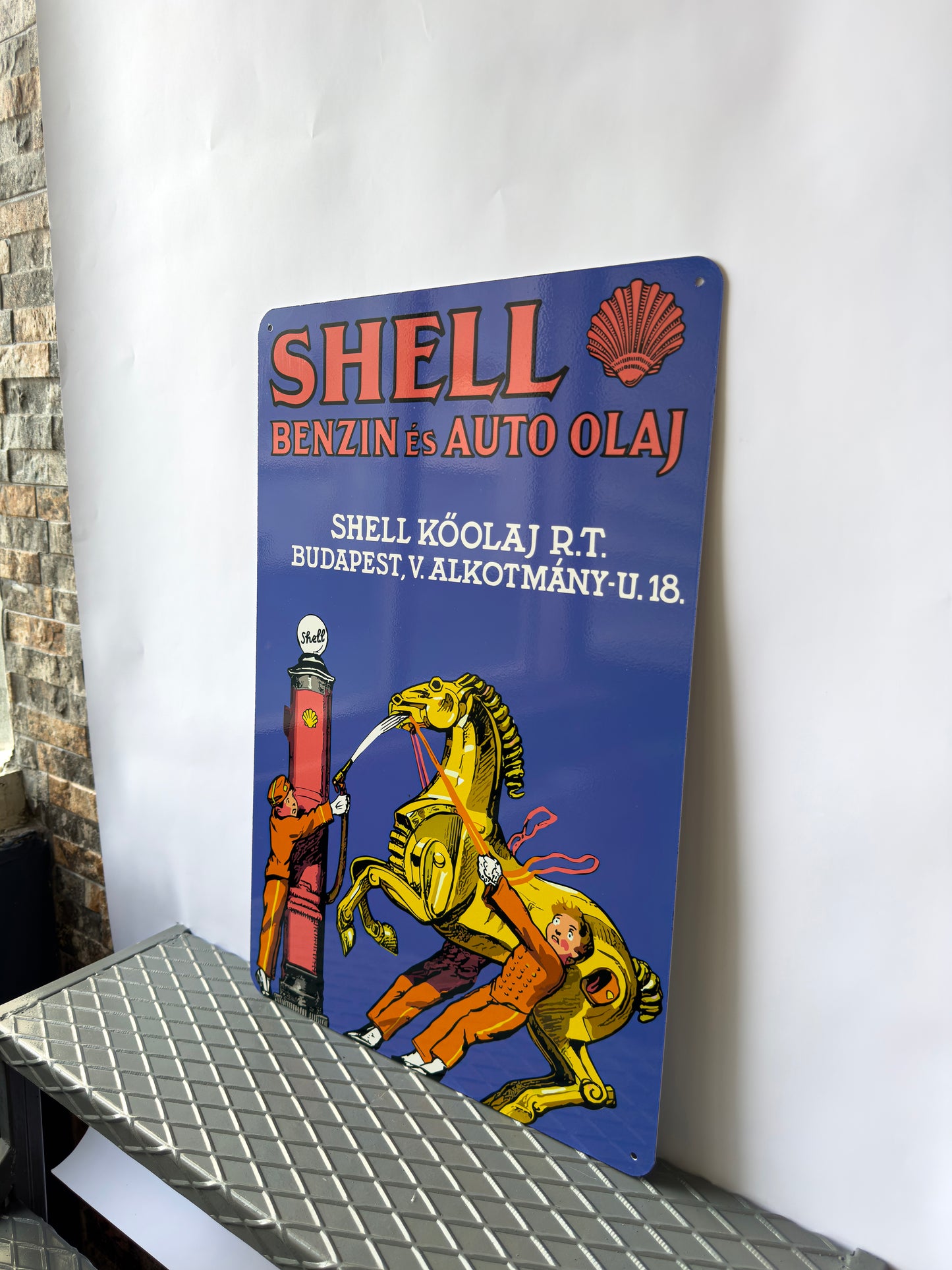 Shell Auto Olaj Vintage Motor Oil Sign – Heavy Metal Garage & Man Cave Decor
