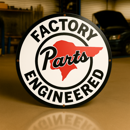 FACTORY ENGINEERED Parts Round Heavy Metal Sign – Garage & Man Cave Decor