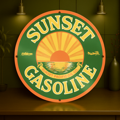 Sunset Gasoline Sign  –  Heavy Metal Garage & Man Cave Decor