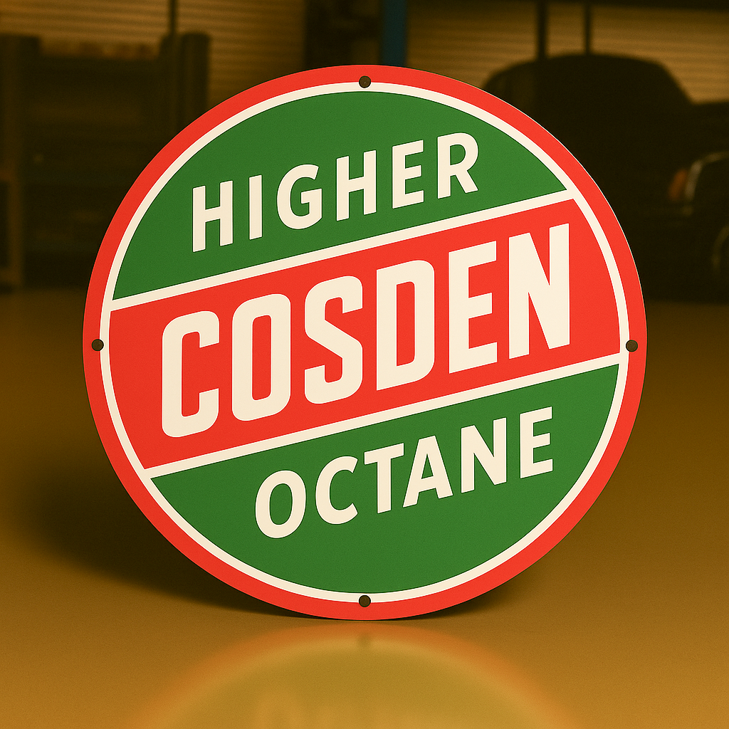Higher Cosden Octane Round Heavy Metal Sign – Garage & Man Cave Decor