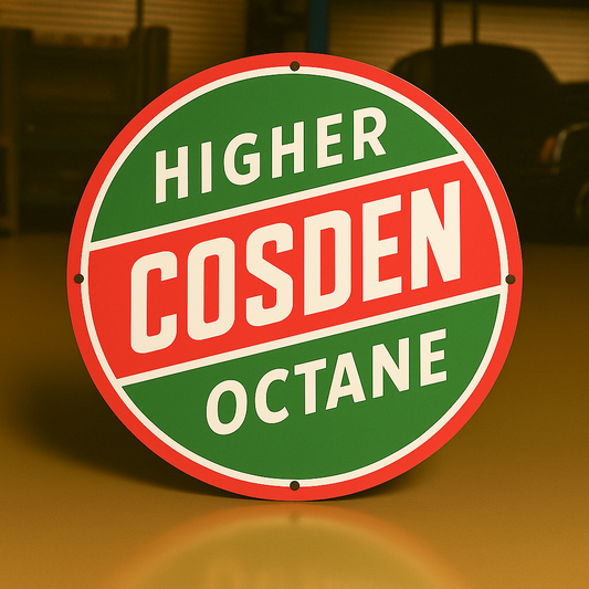 Higher Cosden Octane Round Heavy Metal Sign – Garage & Man Cave Decor