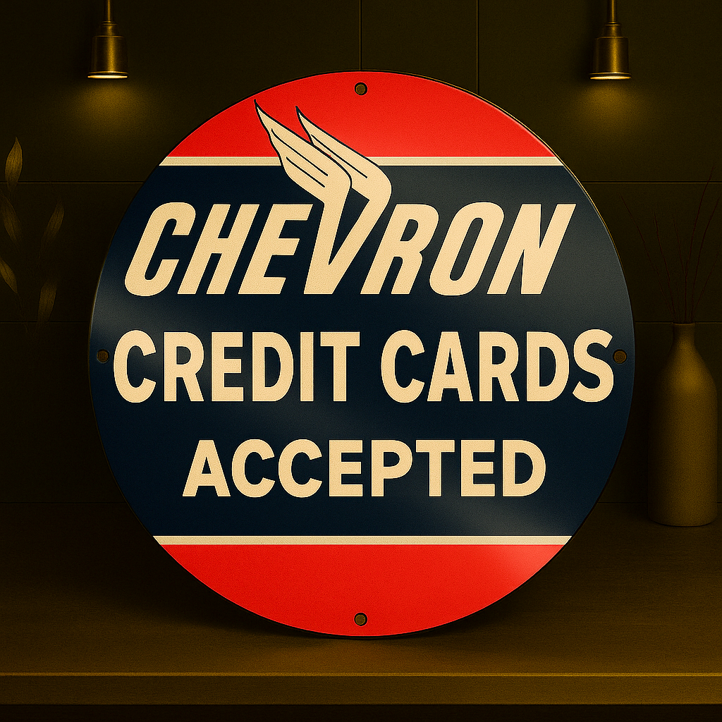 Chevron Credit Cards Accepted Sign – Heavy Metal Garage & Man Cave Decor