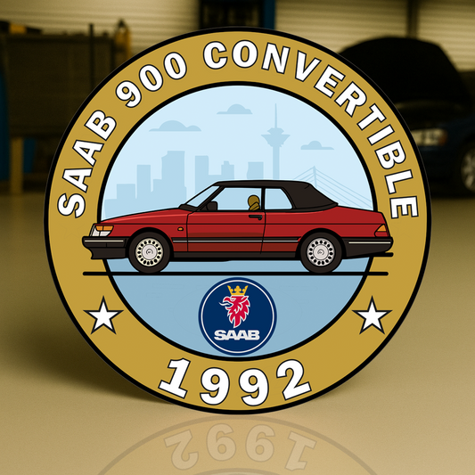 Saab 900 (1992) Convertible Turbo Elegance on Swedish Wheels Round Heavy Metal Sign – Garage & Man Cave Decor