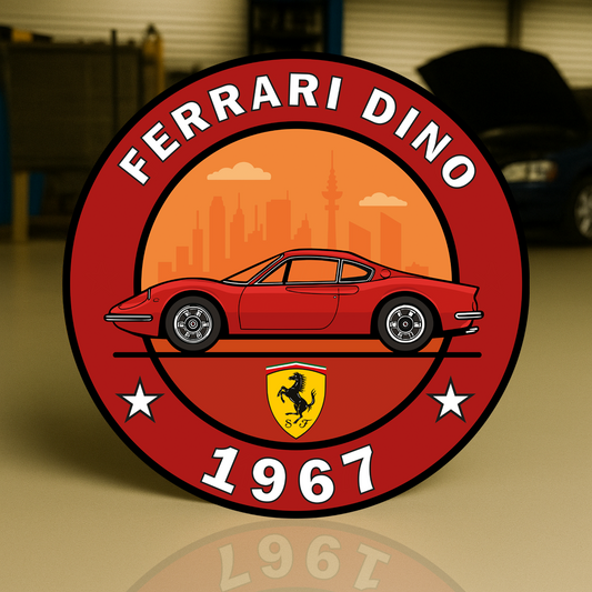 FERRARI DINO The Birth of the Baby Ferrari Heavy Metal Sign (1967) – Garage & Man Cave Decor