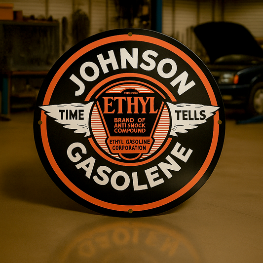 JOHNSON GASOLENE Time Tells Ethyl Wings Round Heavy Metal Sign – Garage & Man Cave Decor