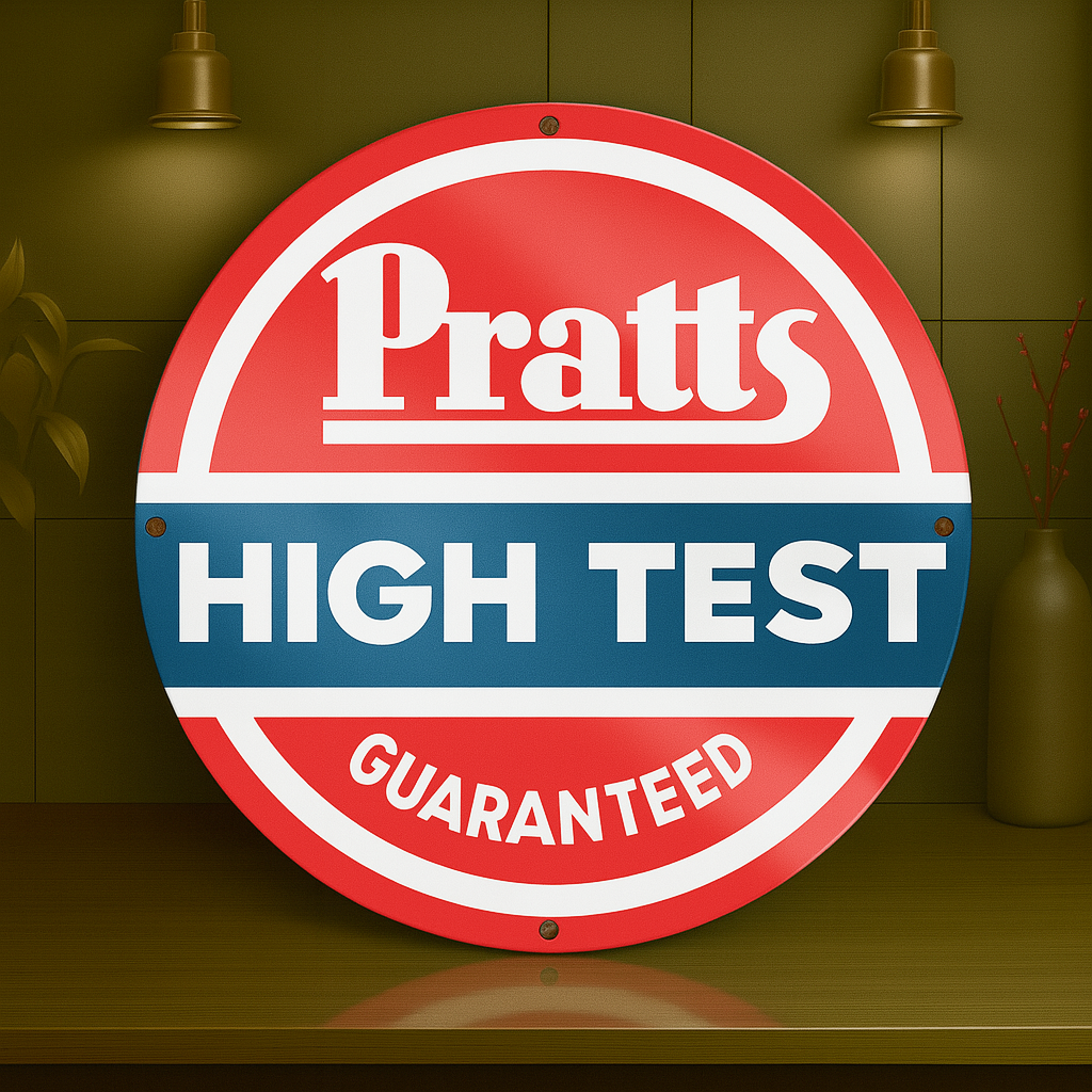 Pratts High Test Guaranteed Sign  –  Heavy Metal Garage & Man Cave Decor