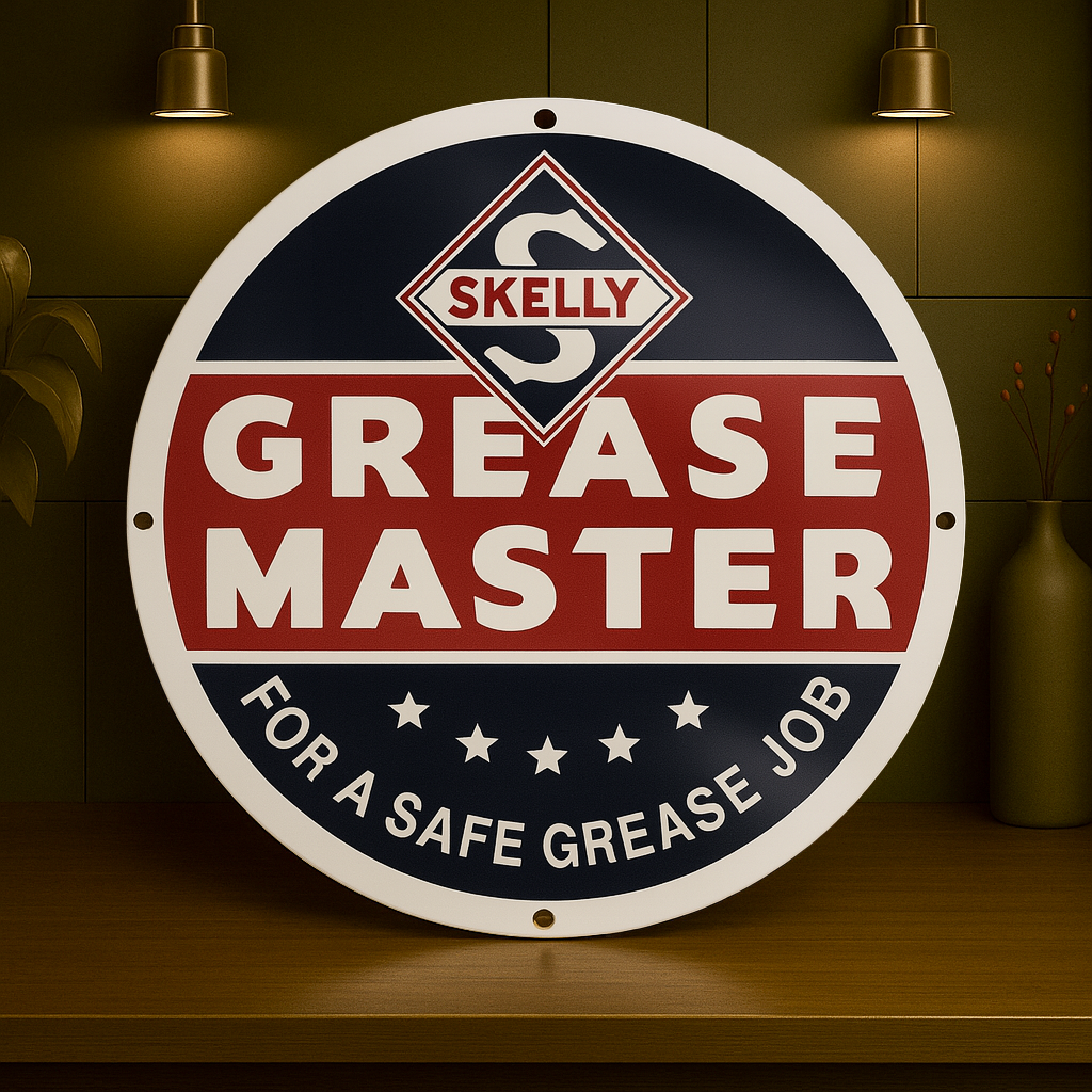 Skelly Grease Master Sign  –  Heavy Metal Garage & Man Cave Decor