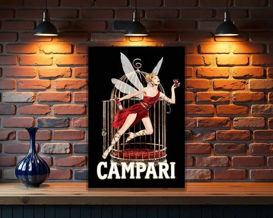 Campari Magical Vintage Fairy in Cage Heavy Metal Sign – Garage & Man Cave Decor