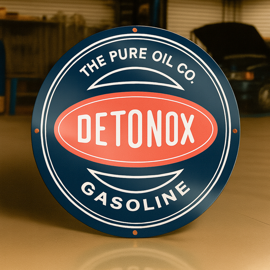 DETONOX Gasoline Pure Oil Co. Heavy Metal Sign   –  Garage & Man Cave Decor