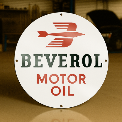 Beverol Motor Oil Round Heavy Metal Sign – Garage & Man Cave Decor