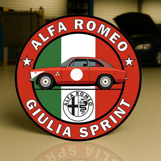 Alfa Romeo Giulia Sprint Italian Racing Soul Reimagined Sign – Glossy Heavy Metal Garage Decor