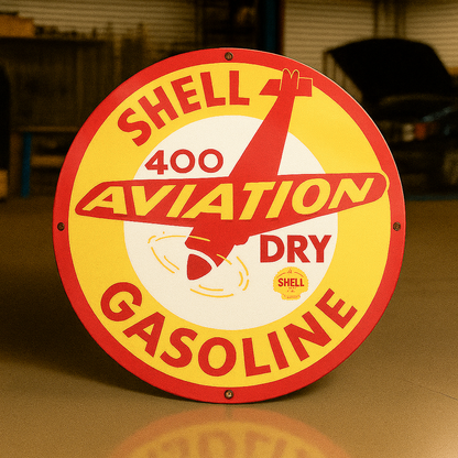 SHELL AVIATION 400 Gasoline Round Heavy Metal Sign – Garage & Man Cave Decor
