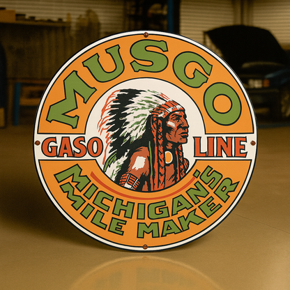 MUSGO Gasoline Michigan’s Mile Maker Sign – Heavy Metal Garage & Man Cave Decor