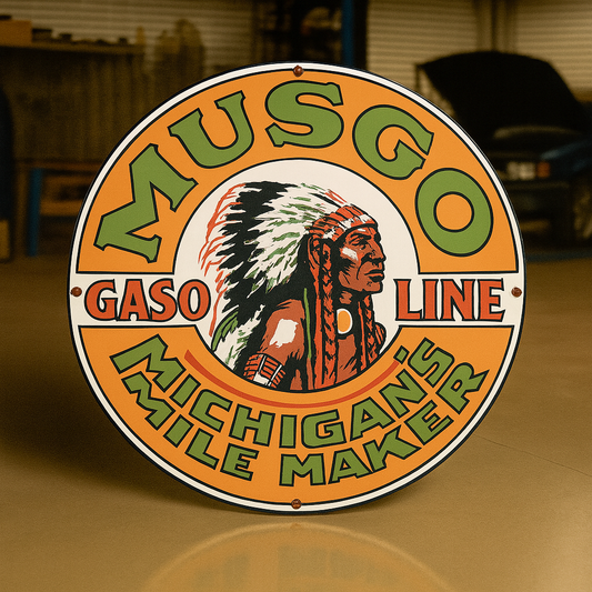 MUSGO Gasoline Michigan’s Mile Maker Sign – Heavy Metal Garage & Man Cave Decor
