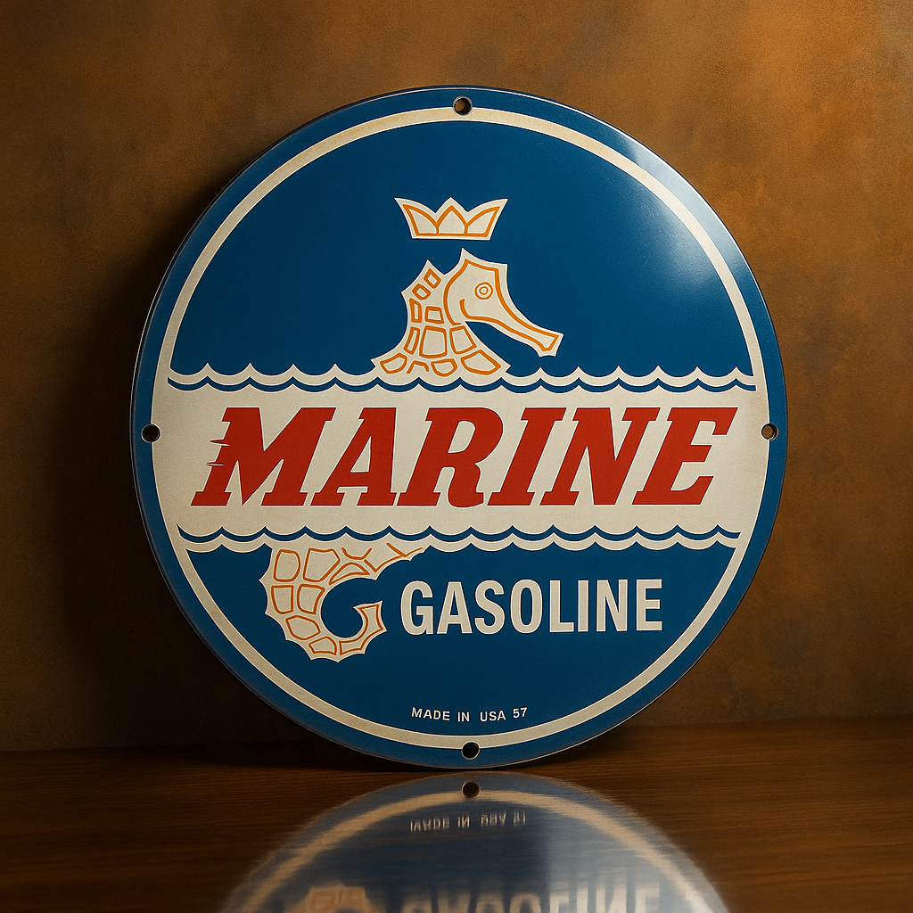 Marine Gasoline Round Retro Heavy Metal Sign-Crowned Seahorse Design-Garage & Man Cave Decor