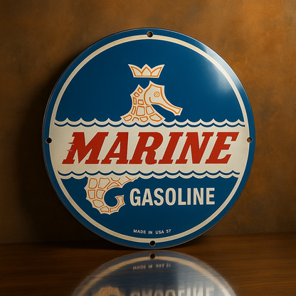 Marine Gasoline Round Retro Heavy Metal Sign-Crowned Seahorse Design-Garage & Man Cave Decor