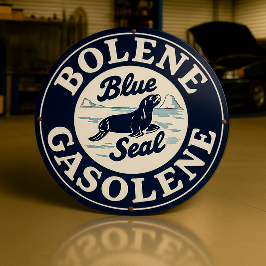 Bolene Gasolene Blue Seal Sign  –  Heavy Metal Garage & Man Cave Decor