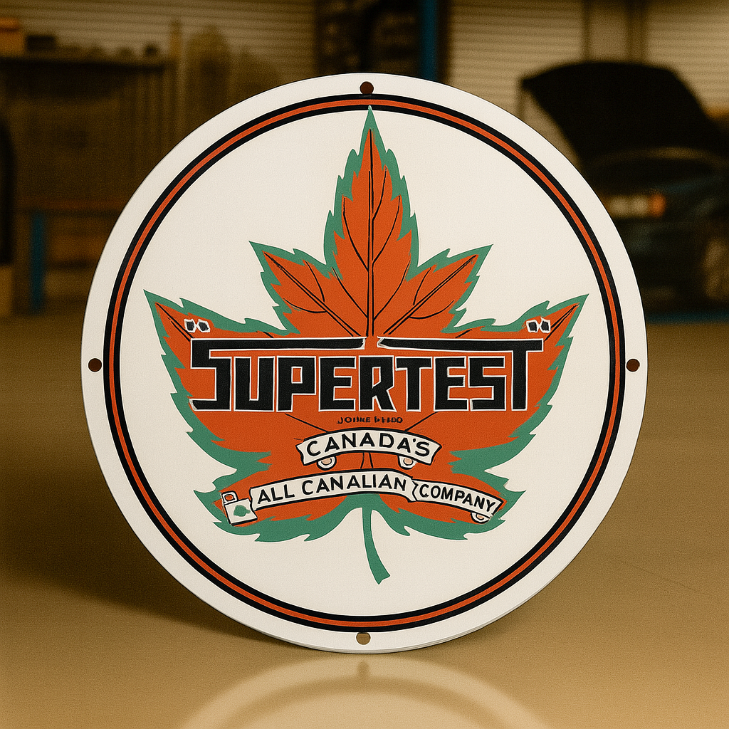 Supertest Maple Leaf Gasoline Round Heavy Metal Sign – Garage & Man Cave Decor