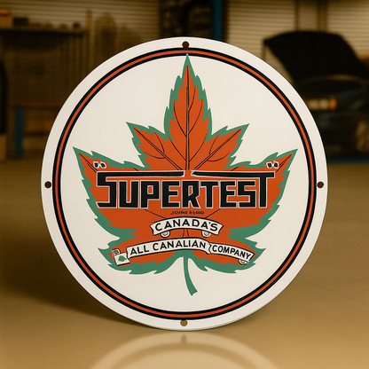 Supertest Maple Leaf Gasoline Round Heavy Metal Sign – Garage & Man Cave Decor