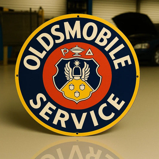 GM Dealership Oldsmobile Service Round Heavy Metal Sign – Garage & Man Cave Decor