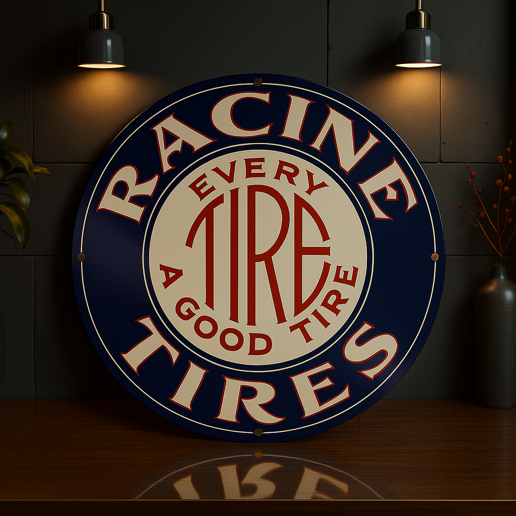 RACINE TIRES "Every Tire A Good Tire" Round  Heavy Metal Sign – Garage & Man Cave Decor