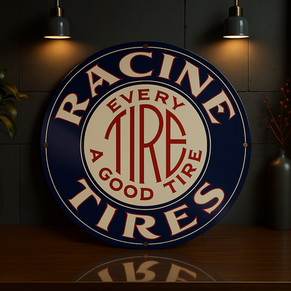 RACINE TIRES "Every Tire A Good Tire" Round  Heavy Metal Sign – Garage & Man Cave Decor