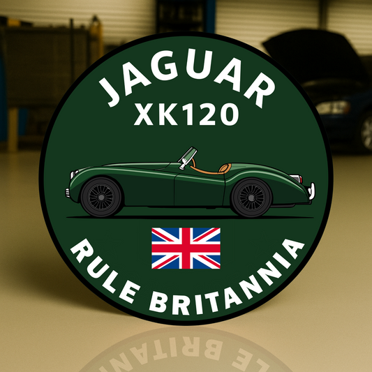 Jaguar XK120 Rule Britannia Round Heavy Metal Sign – Garage & Man Cave Decor