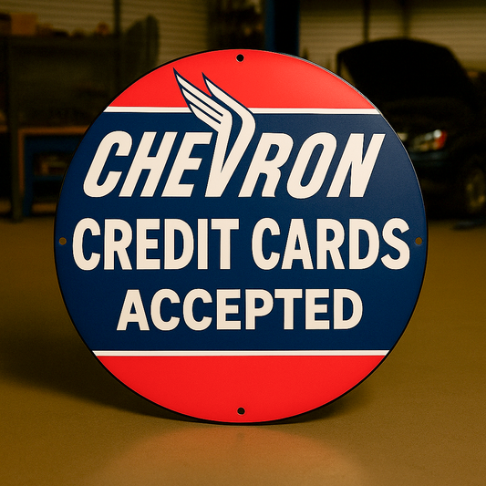Chevron Credit Cards Accepted Sign – Heavy Metal Garage & Man Cave Decor