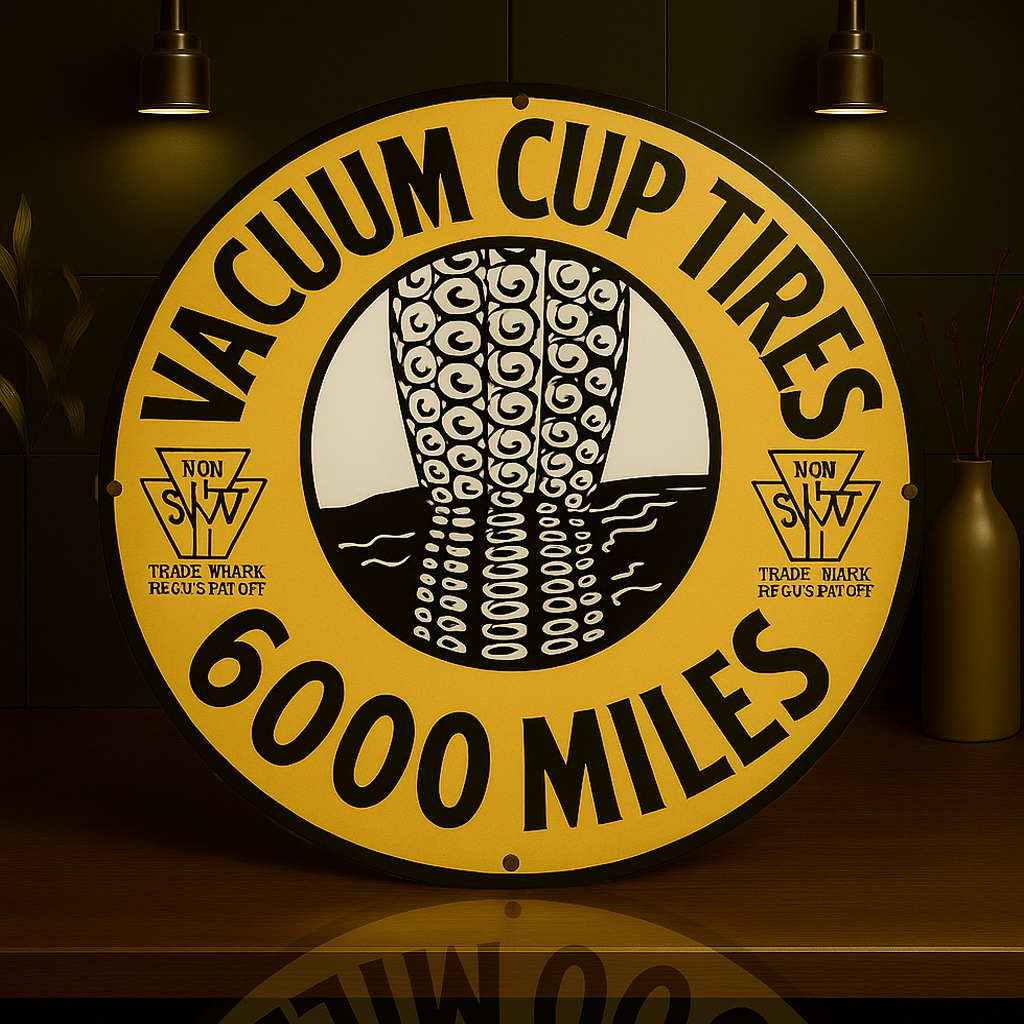 Vacuum Cup Tires 6,000 Miles Sign – Heavy Metal Garage & Man Cave Decor