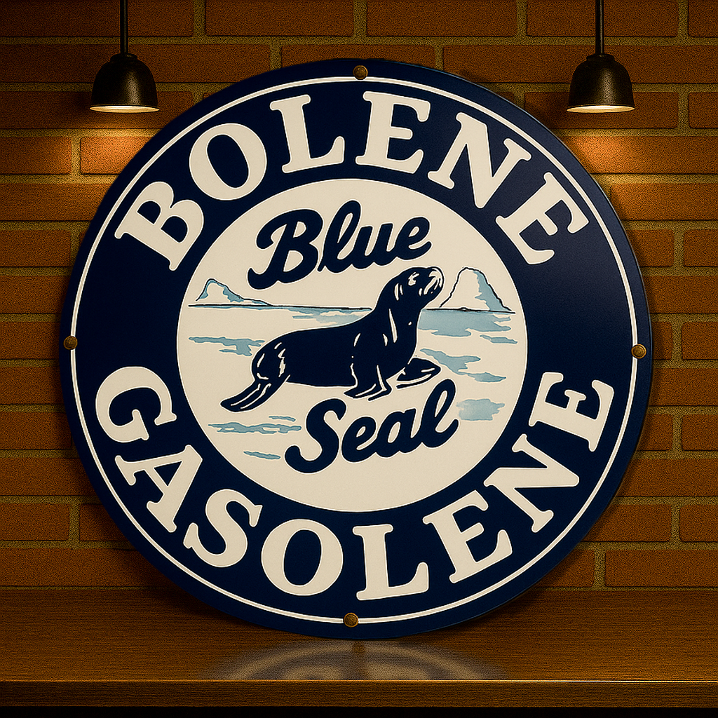 Bolene Gasolene Blue Seal Sign  –  Heavy Metal Garage & Man Cave Decor