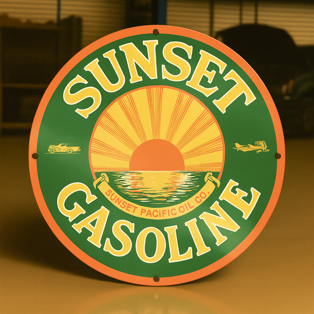 Sunset Gasoline Round Heavy Metal Sign – Garage & Man Cave Decor