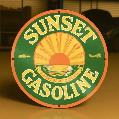 Sunset Gasoline Round Heavy Metal Sign – Garage & Man Cave Decor