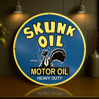 SKUNK OIL Heavy Duty Motor Oil Round Sign – Heavy Metal Garage & Man Cave Decor