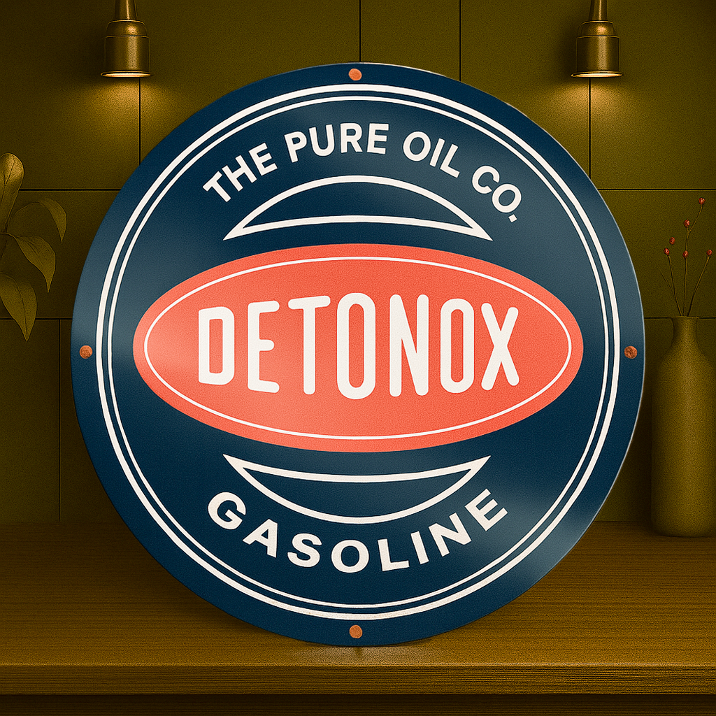 DETONOX Gasoline Pure Oil Co. Heavy Metal Sign   –  Garage & Man Cave Decor