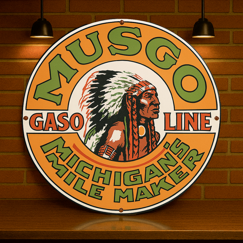 MUSGO Gasoline Michigan’s Mile Maker Sign – Heavy Metal Garage & Man Cave Decor