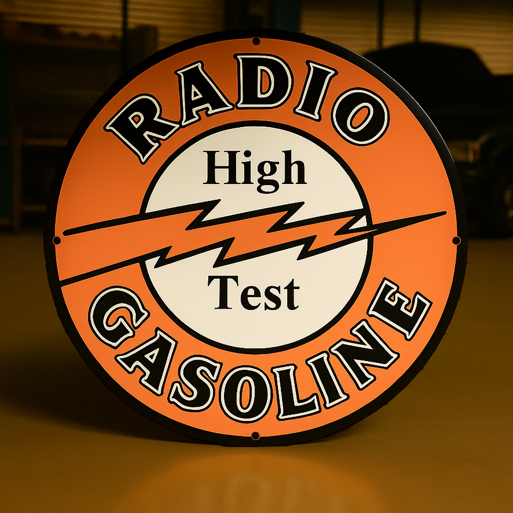 Radio Gasoline High Text Round Heavy Metal Sign – Garage & Man Cave Decor