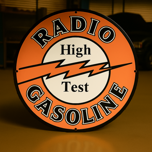 Radio Gasoline High Text Round Heavy Metal Sign – Garage & Man Cave Decor
