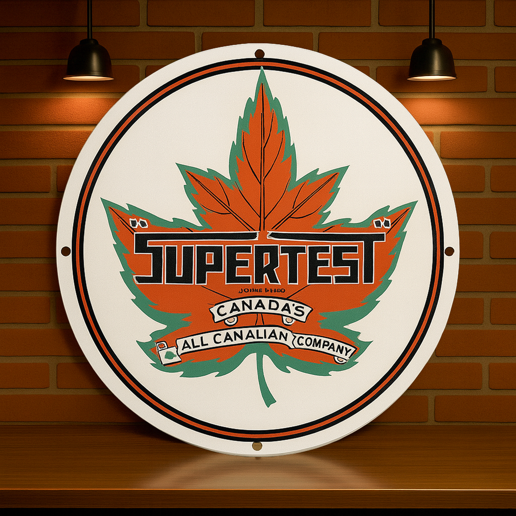 Supertest Maple Leaf Gasoline Round Heavy Metal Sign – Garage & Man Cave Decor