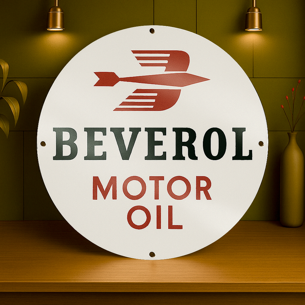 Beverol Motor Oil Round Heavy Metal Sign – Garage & Man Cave Decor