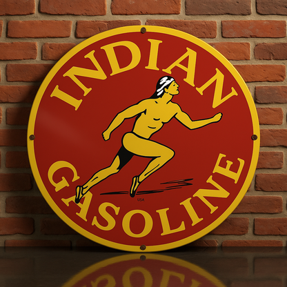 Indian Gasoline Vintage Round Heavy Metal Sign – Garage & Man Cave Decor
