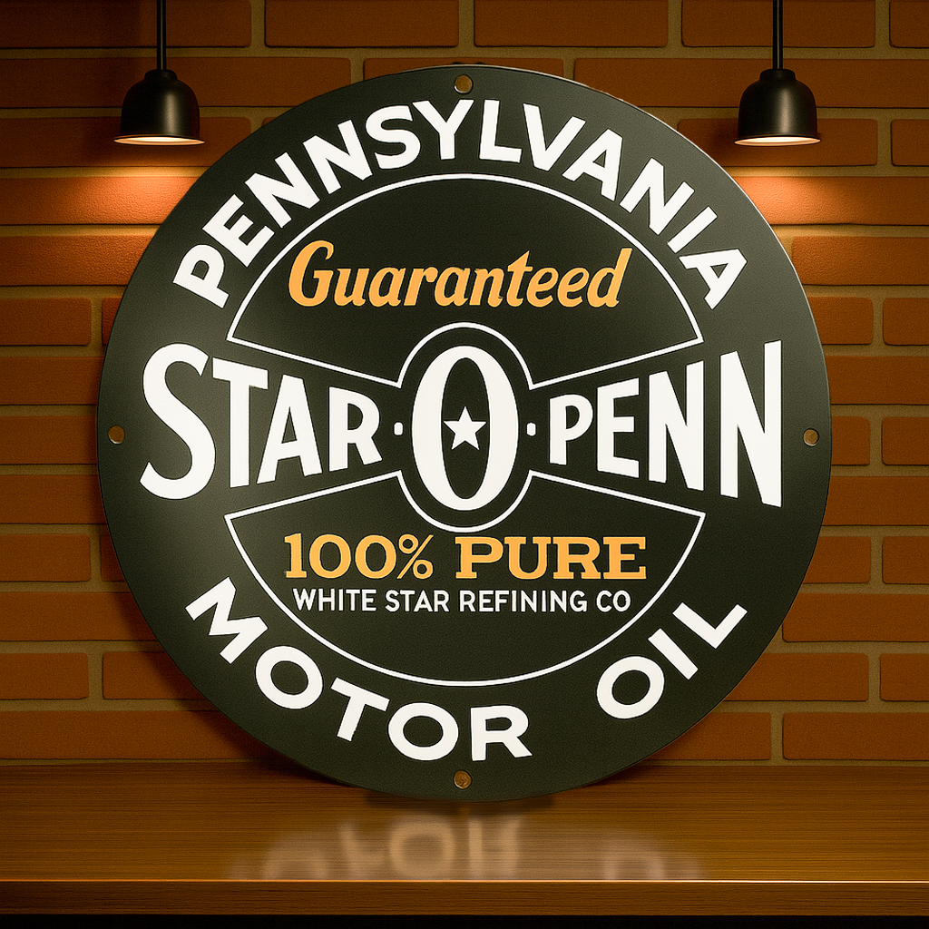 Star O Penn Motor Oil Sign  –  Heavy Metal Garage & Man Cave Decor