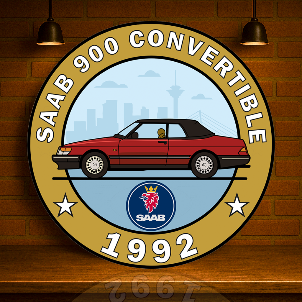 Saab 900 (1992) Convertible Turbo Elegance on Swedish Wheels Sign – Glossy Heavy Metal Garage Decor