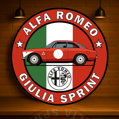 Alfa Romeo Giulia Sprint Italian Racing Soul Reimagined Sign – Glossy Heavy Metal Garage Decor