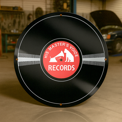 His Master’s Voice RECORDS Round Vinyl Sign – Heavy Metal Garage & Man Cave Decor