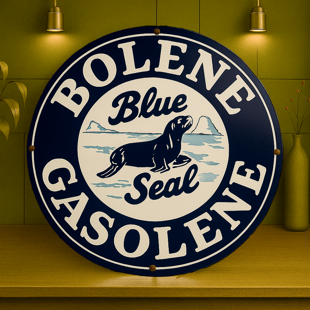 Bolene Gasolene Blue Seal Sign  –  Heavy Metal Garage & Man Cave Decor