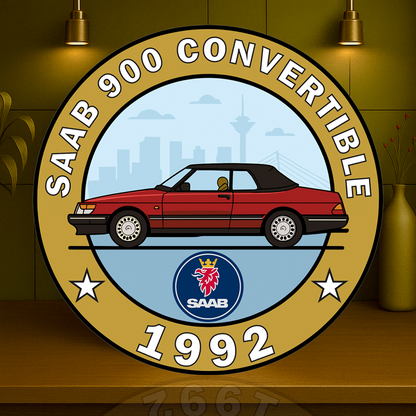 Saab 900 (1992) Convertible Turbo Elegance on Swedish Wheels Sign – Glossy Heavy Metal Garage Decor