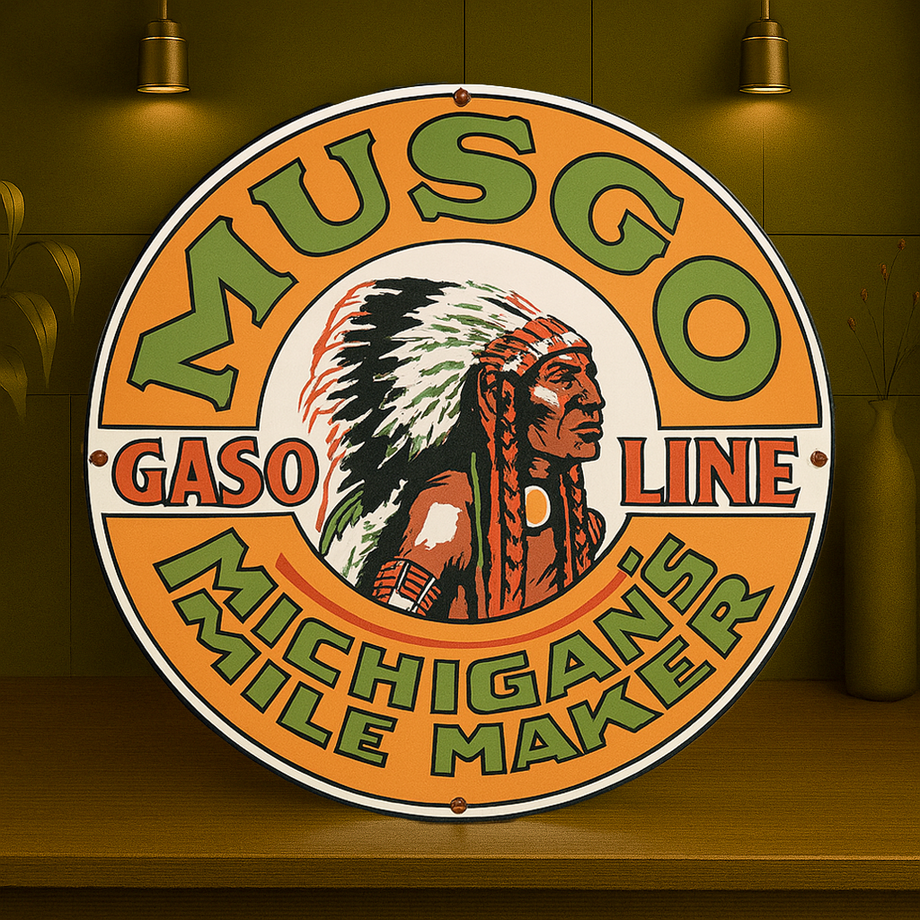 MUSGO Gasoline Michigan’s Mile Maker Sign – Heavy Metal Garage & Man Cave Decor