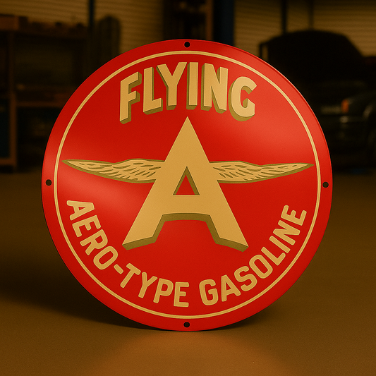 Flying A Aero - Type Gasoline Round Heavy Metal Sign – Garage & Man Cave Decor