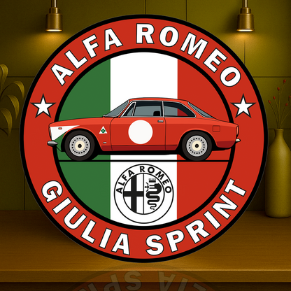 Alfa Romeo Giulia Sprint Italian Racing Soul Reimagined Sign – Glossy Heavy Metal Garage Decor