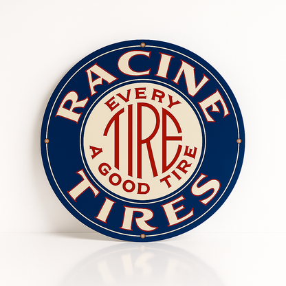 RACINE TIRES "Every Tire A Good Tire" Round  Heavy Metal Sign – Garage & Man Cave Decor